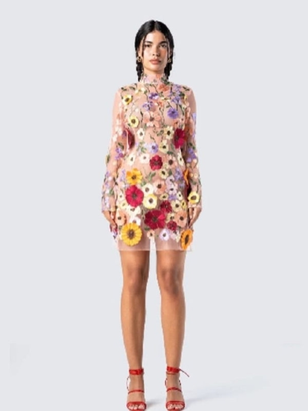 Finesse Sheer Mini Dress with Multicolor Floral Appliqué